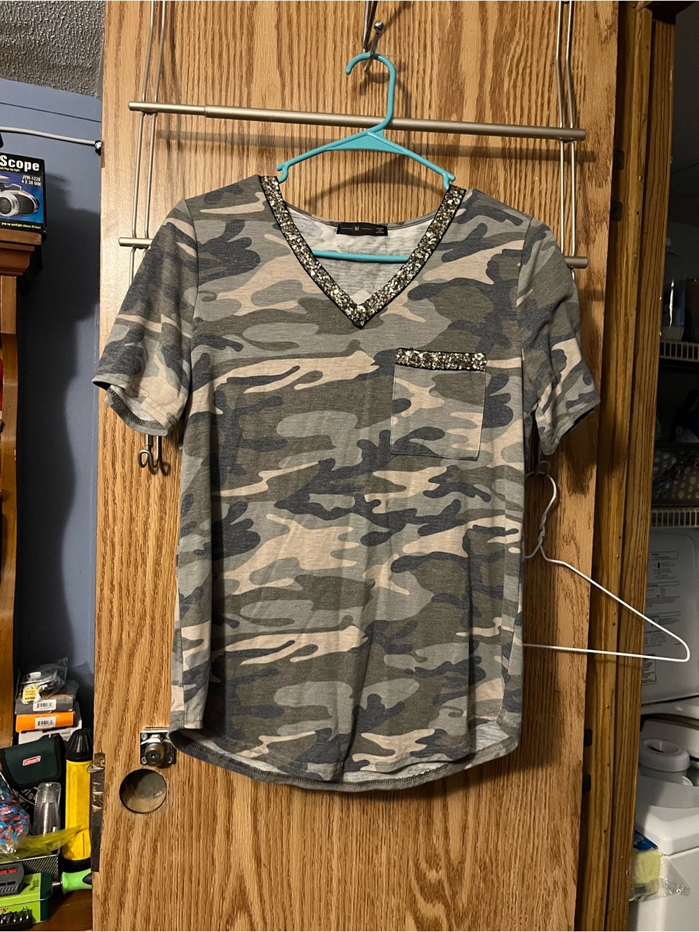 Women’s V-Neck Short Sleeve Camo Tee with Sequin Trim - Gray/Beige